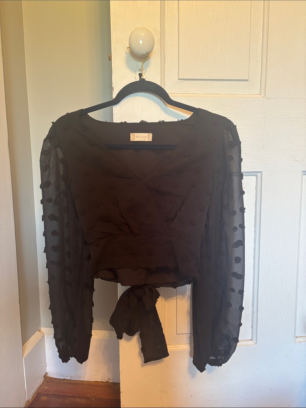 Altar'd State Black Sheer Polka-Dot Tie-Front Crop Blouse